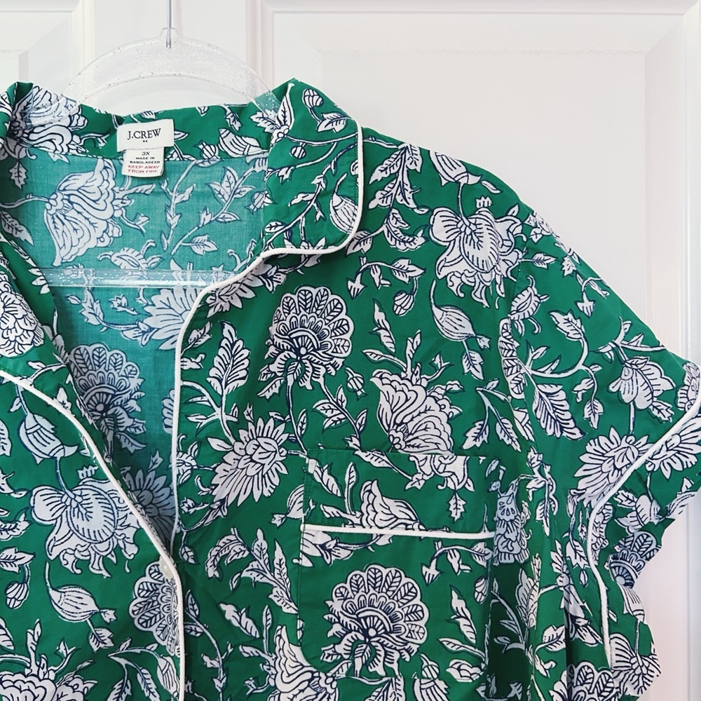 J. Crew Green and White Floral Pajama Shirt